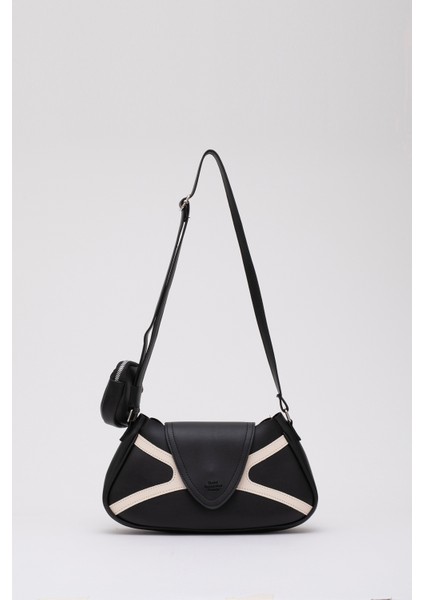 Siyah/krem SHK96 Suni Deri Tek Bölmeli Cüzdanlı Kol ve Omuz Çantası