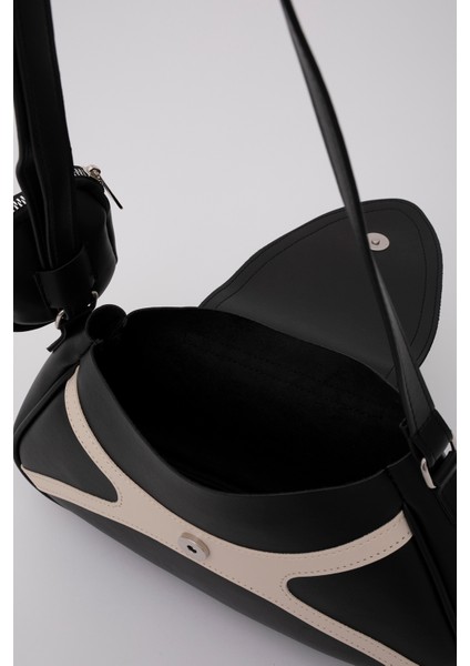 Siyah/krem SHK96 Suni Deri Tek Bölmeli Cüzdanlı Kol ve Omuz Çantası