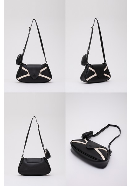 Siyah/krem SHK96 Suni Deri Tek Bölmeli Cüzdanlı Kol ve Omuz Çantası