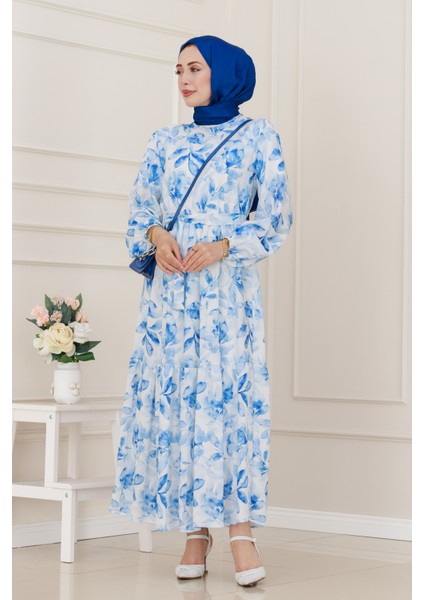 Kuşaklı Çiçekli Lina Elbise-Mavi