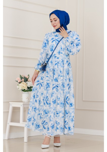 Kuşaklı Çiçekli Lina Elbise-Mavi fiyatları