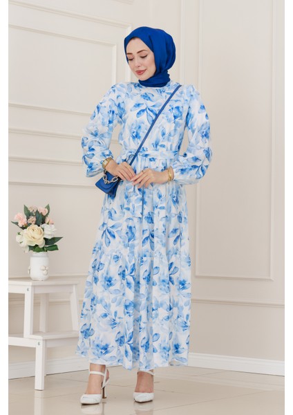 Kuşaklı Çiçekli Lina Elbise-Mavi modelleri