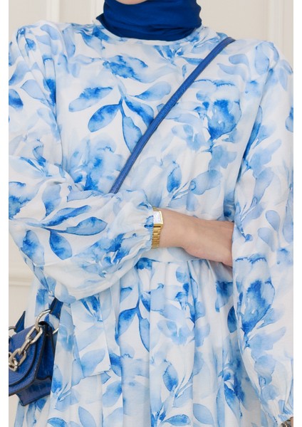 Kuşaklı Çiçekli Lina Elbise-Mavi fırsatları