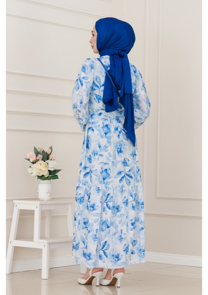 Kuşaklı Çiçekli Lina Elbise-Mavi indirimleri