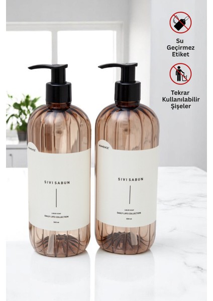 Sıvı Sabun Etiketli Şişe Seti 2'li Açık Kahverengi 500 ml