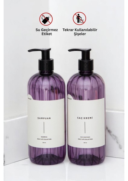 Şampuan Ve Saç Kremi Etiketli Pompalı Plastik Şişe Seti 2'li Mor Sabunluk 500 ml