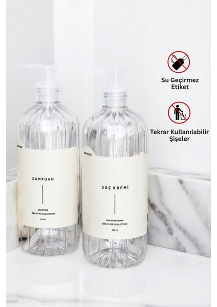 Şampuan Ve Saç Kremi Etiketli Pompalı Plastik Şişe Seti 2'li Şeffaf Sabunluk 500 ml