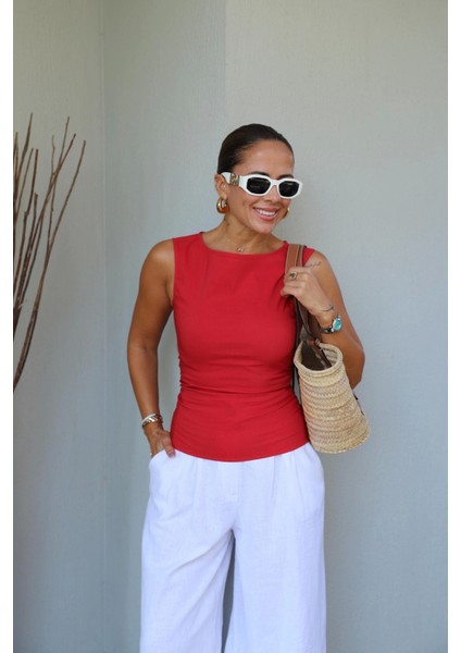 Kırmızı Yan Drape Detay Bluz