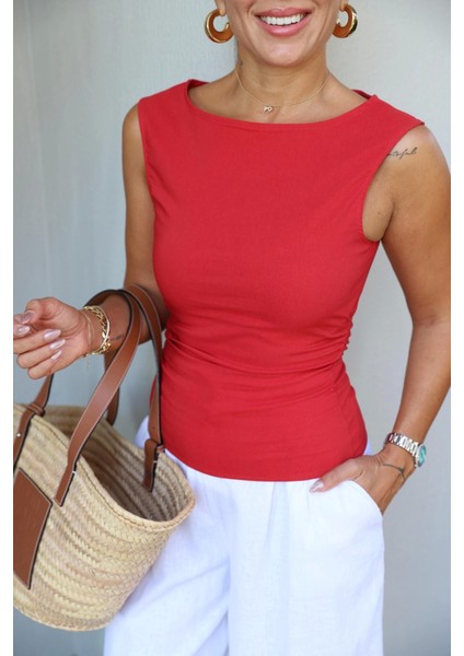 Kırmızı Yan Drape Detay Bluz fiyatları