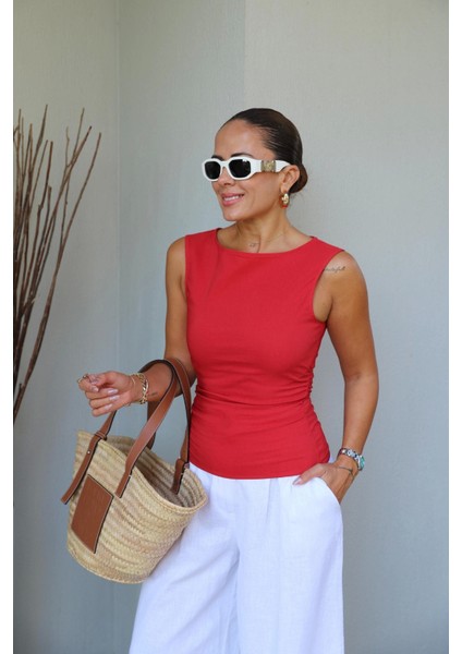 Kırmızı Yan Drape Detay Bluz modelleri