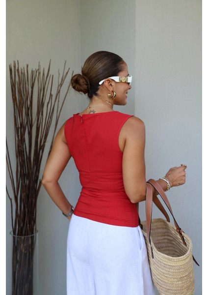 Kırmızı Yan Drape Detay Bluz fırsatları