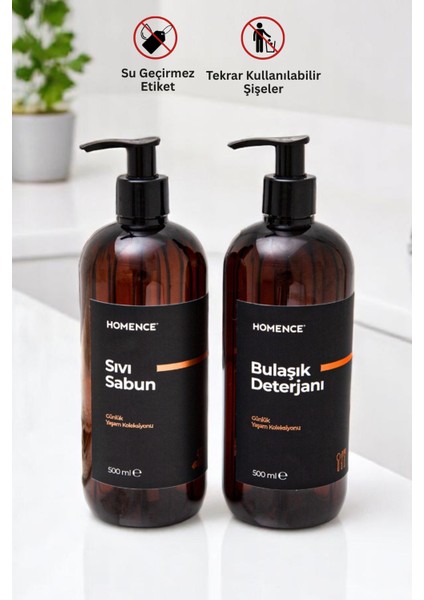 Bulaşık Deterjanı Ve Sıvı Sabun Etiketli Plastik Şişe Seti 2'li Amber Sabunluk 500 ml