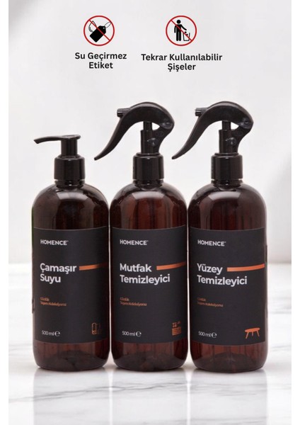Mutfak Seti Pompa Ve Spreyli Plastik Şişe 3'lü Amber Sabunluk 500 ml