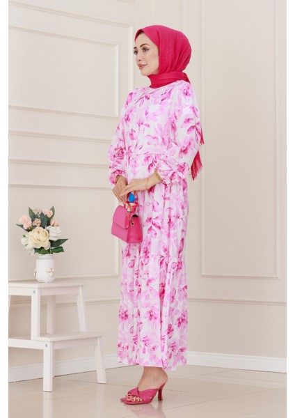 Kuşaklı Çiçekli Lina Elbise-Pembe