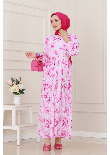 Kuşaklı Çiçekli Lina Elbise-Pembe fiyatları