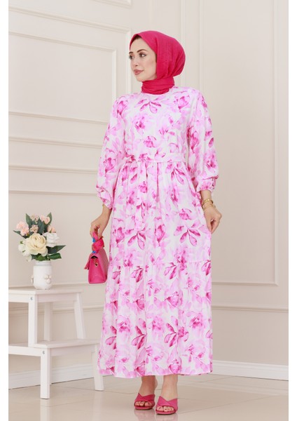 Kuşaklı Çiçekli Lina Elbise-Pembe modelleri