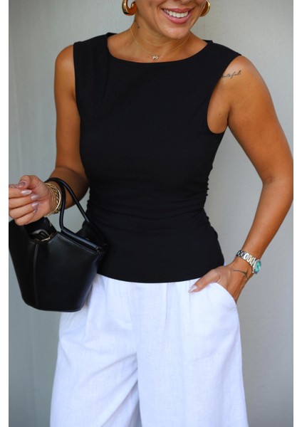 Siyah Yan Drape Detay Bluz fiyatları