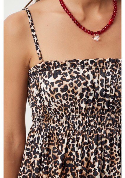 Leopar Desenli Askılı Viskon Elbise LUB0143 Siyah Bej