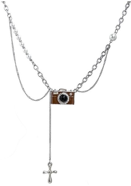 Kadınlar Için Retro Kamera Hafif Lüks Kolye, Tatlı ve Havalı Sıcak Kız Stili, Inci Kazak Zinciri, Yığılmış Köprücük Kemiği Zinciri (Yurt Dışından)