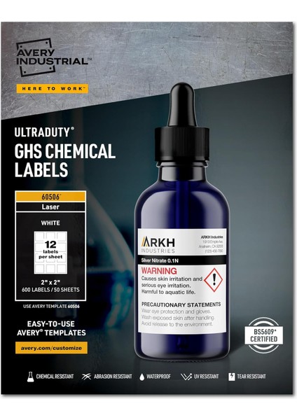 Için Ultra Zorunlu Ghs Kimyasal Etiketten Lazer/led Yazıcı, Su Geçirmez, Uv-Dayanıklı, 600 Paket 2 x 2" Beyaz