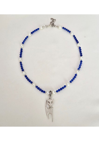 Kokoş Kedi Figürlü Cam Inci ve Kristal Taşlı Antik Gümüş Kaplama Kolye-Kedi Severlere modelleri