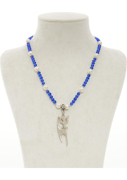 Kokoş Kedi Figürlü Cam Inci ve Kristal Taşlı Antik Gümüş Kaplama Kolye-Kedi Severlere fiyatları