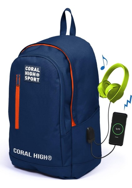 High Sport Lacivert Üç Bölmeli USB Şarjlı Kulaklık Çıkışlı Sırt Çantası 23232