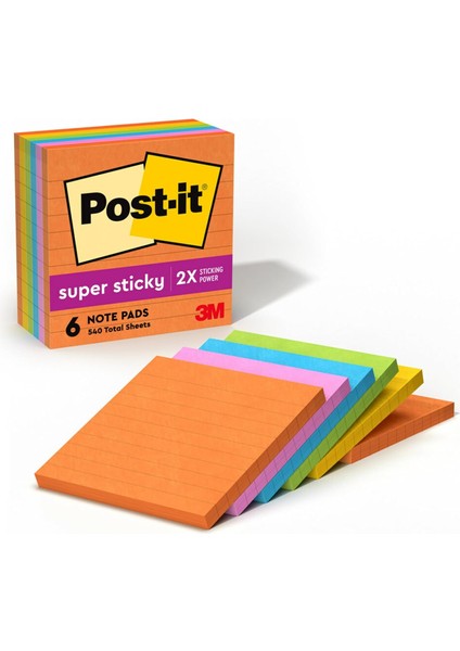 S Per Sticky Notes, 4 x 4, Rio De Janeiro Collection, Lined, 6 Pads/pack Mavi, Turuncu, Pembe, Sar 90 Yaprak Pouch Kendinden Yap Kanl