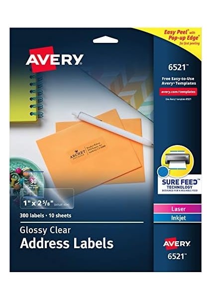 Lazer ve Mürekkep Püskürtmeli Yazıcılar Için 6521 Parlak Kristal Netliğinde Adres Etiketleri, 1 "x 2-5/8", 300 Etiket modelleri