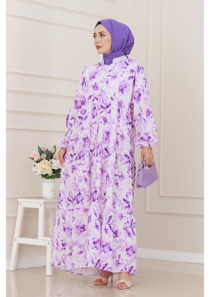 Yarım Düğmeli Lotus Elbise-Mor