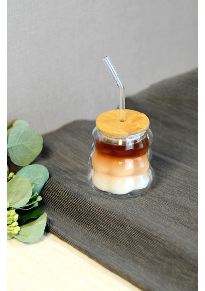 Bambu Kapaklı Üzüm Taneii Cam Pipetli 350 ml Borosilikat Bardak