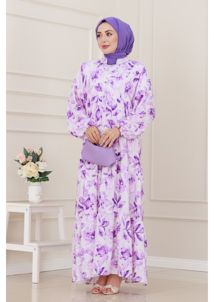 Yarım Düğmeli Lotus Elbise-Mor fiyatları