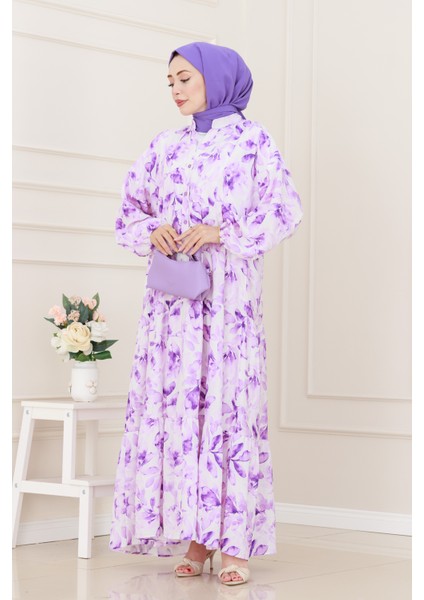 Yarım Düğmeli Lotus Elbise-Mor modelleri