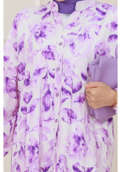 Yarım Düğmeli Lotus Elbise-Mor fırsatları