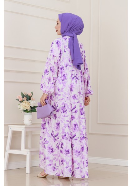 Yarım Düğmeli Lotus Elbise-Mor indirimleri