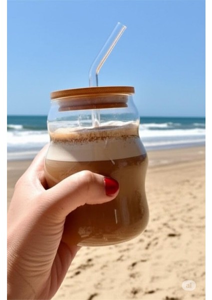 Bambu Kapaklı Cam Pipetli 450 ml Borosilikat Bardak