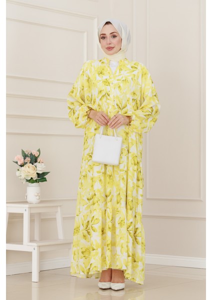 Yarım Düğmeli Lotus Elbise-Sarı