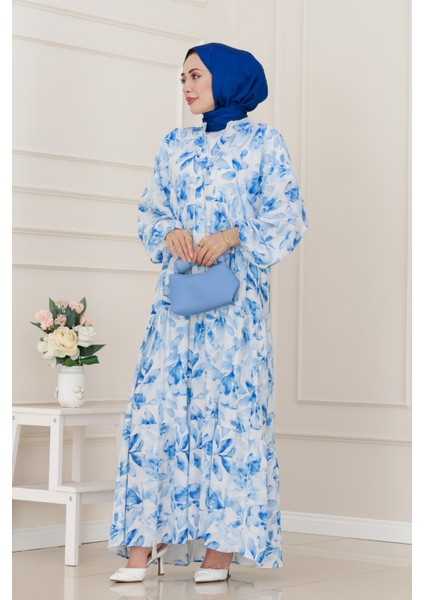 Yarım Düğmeli Lotus Elbise-Mavi