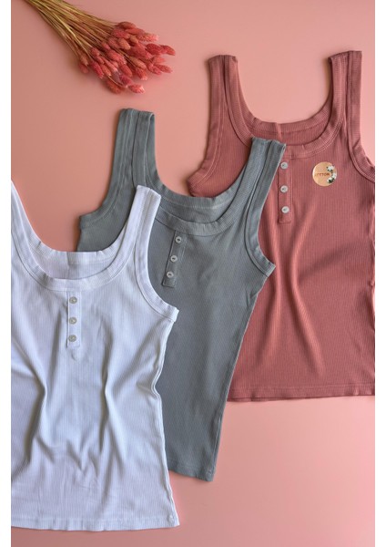 Kaşkorse 3'lü Düğme Detaylı Beyaz, Gül Kurusu ve Mavi Renk Kadın Atlet