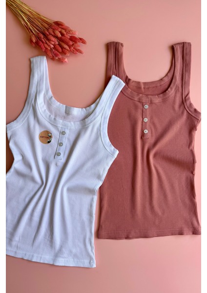 Kaşkorse 3'lü Düğme Detaylı Beyaz, Gül Kurusu ve Mavi Renk Kadın Atlet fırsatları