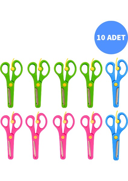 Plastik Korumalı Küt Uçlu Yaylı Çocuk Okul Makası 10LU Set