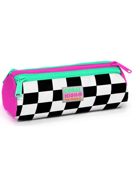 High Pembe Damalı Üç Bölmeli Kalem Çantası -Kız Çocuk
