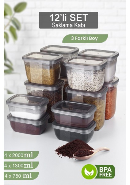12'li Erzak Saklama Kabı Seti - Sızdırmaz Kapaklı Un Bakliyat Saklama Kutusu 4X(2000-1300-750ML)