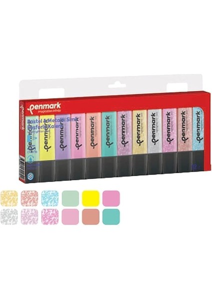 Fosforlu Kalem 12'li Karışık Renk 6 Pastel ve 6 Simli