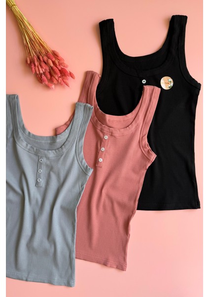 Kaşkorse 3'lü Düğme Detaylı Siyah, Gül Kurusu ve Mavi Renk Kadın Atlet