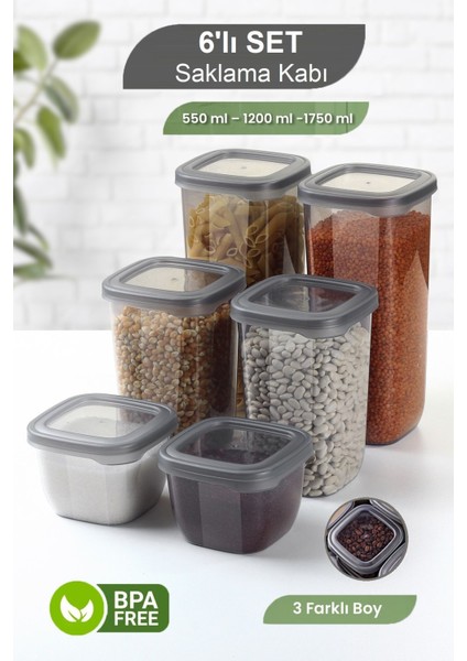 6 Parça Kare Erzak Saklama Kabı Seti - Bakliyat Saklama Kutusu Baharatlık Çerezlik 550-1200-1750 ml