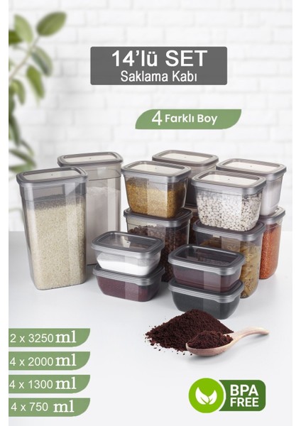 14 Parça Erzak Saklama Kabı Seti - Sızdırmaz Kapaklı Çay Un Bakliyat Saklama Kutusu 4 Farklı Boy