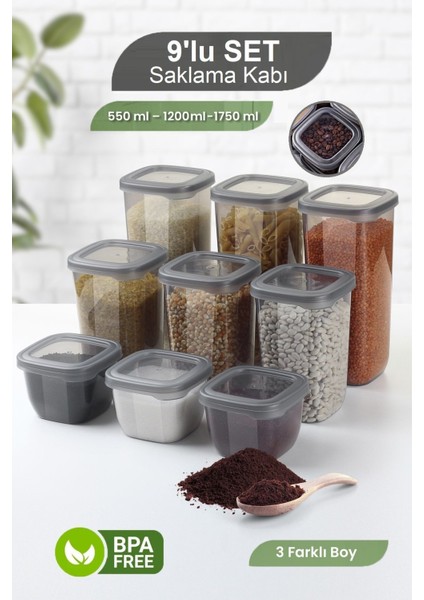 9 Parça Kare Erzak Saklama Kabı Seti - Bakliyat Saklama Kutusu Baharatlık Çerezlik 550-1200-1750 ml