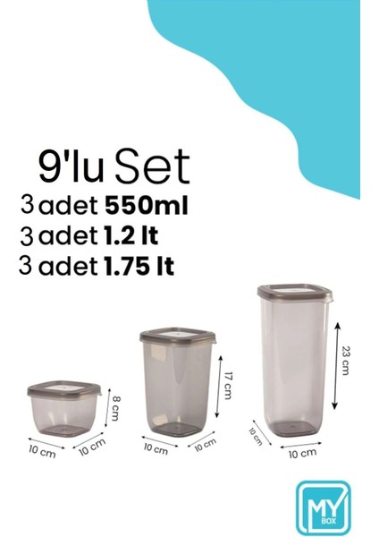 9 Parça Kare Erzak Saklama Kabı Seti - Bakliyat Saklama Kutusu Baharatlık Çerezlik 550-1200-1750 ml indirimleri