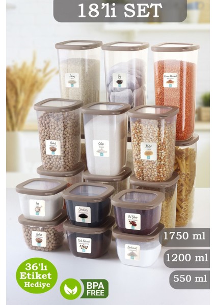 18'li Coral Silikon Kapaklı Kare Erzak Saklama Kabı - Etiketli Un Bakliyat Saklama Kutusu Baharatlık